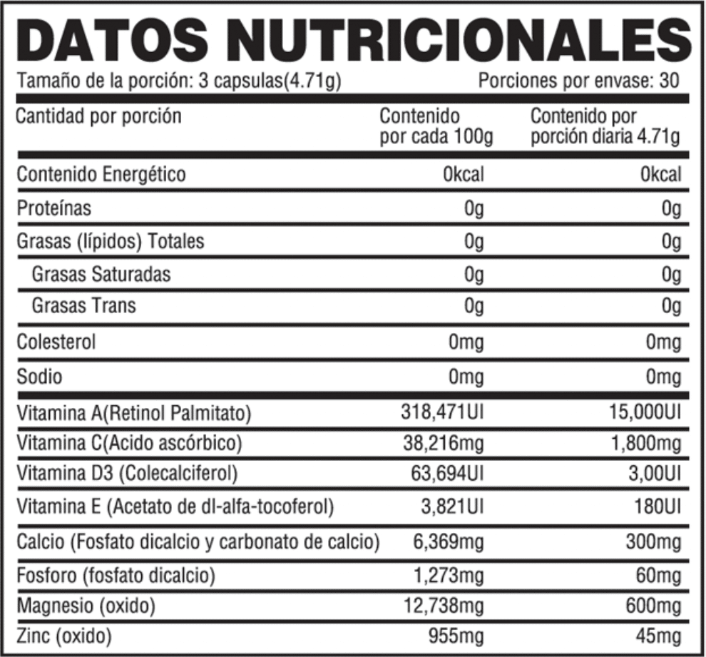 Vital Vitaminas & Minerales ingredientes